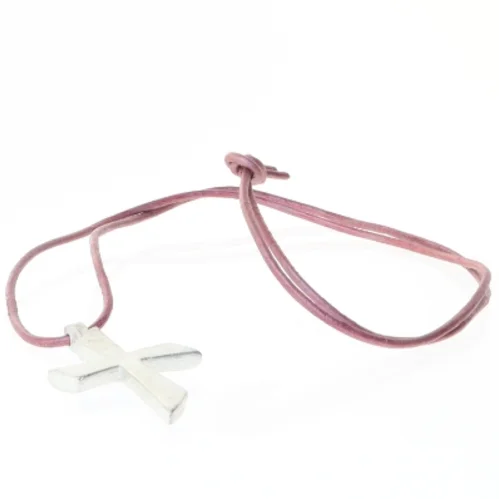 Lædersnor halskæde med metal kors vedhæng (str. 70 cm)