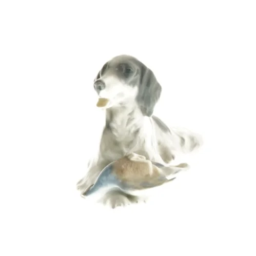 Porcelænsfigur af jagthund med bytte fra Royal Copenhagen (str. 7x6x16 cm)