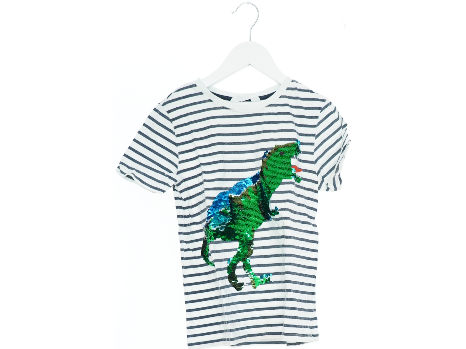 Stribet t-shirt med dinosaurmotiv i palietter fra H&M (str. 140)