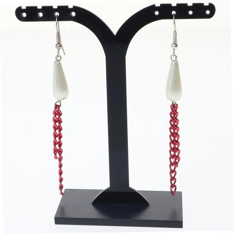 Øreringe med hvid dråbe og rød kæde (str. 9 x 1 cm)