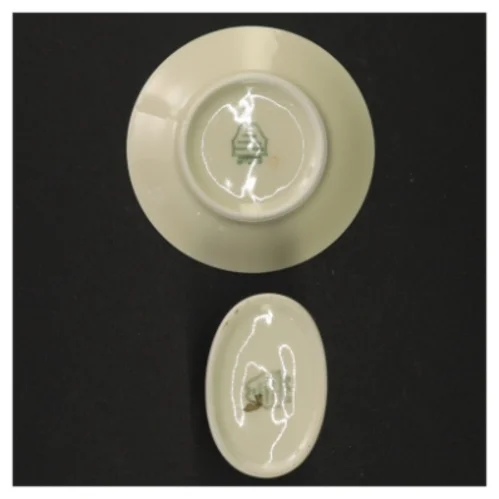 Porcelænstallerken og opbevaringskrukke fra Københavns Porcellains Maleri (str. Diameter 10 cm og 6 x 5 cm)