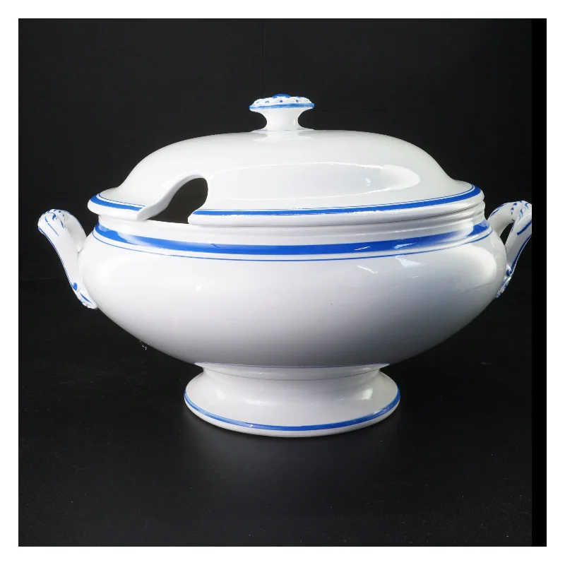 Hvid og blå porcelænssuppe terrin (str. 29 cm)