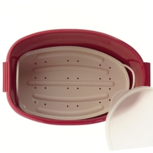 Rød plastkontainer med låg fra Tupperware (str. Ø 29x Ø 19x14,5 cm)