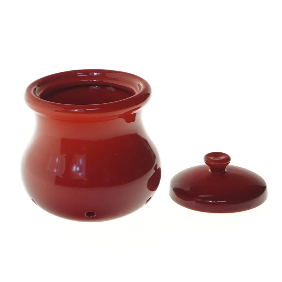Rød keramisk krukke med låg fra Cook & Baker til bl.a hvidløg (str. 10 cm)