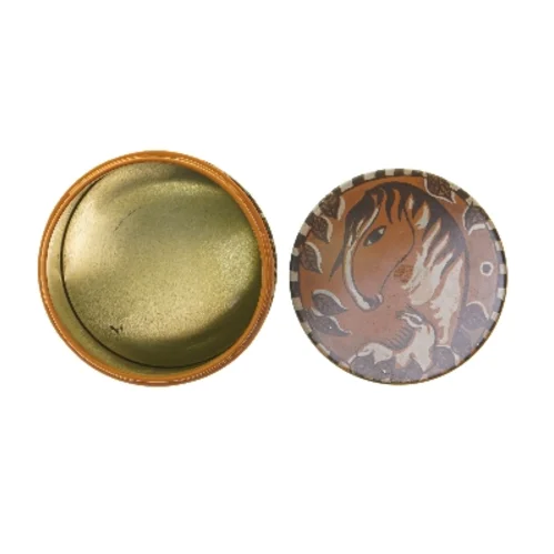 Dekorativ rund metaldåse med heste IRA (str. Ø 11,5x cm højde 15 cm)