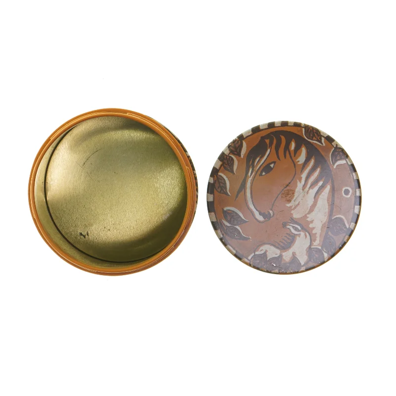 Dekorativ rund metaldåse med heste IRA (str. Ø 11,5x cm højde 15 cm)