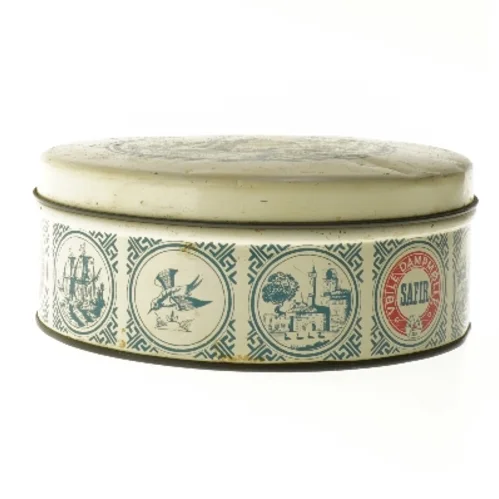 Vintage rund blikdåse Safir Vejle Dampmølle (str. Ø 22 cm højde 8,5 cm)
