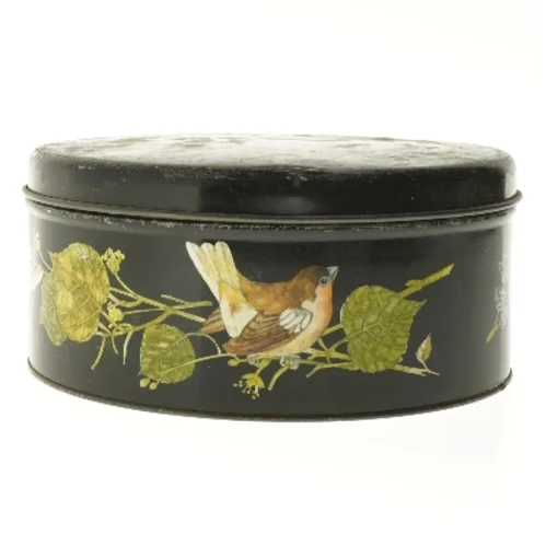 Rund dåse med fuglemotiv (str. Ø 23,5 cm højde 10,5 cm)