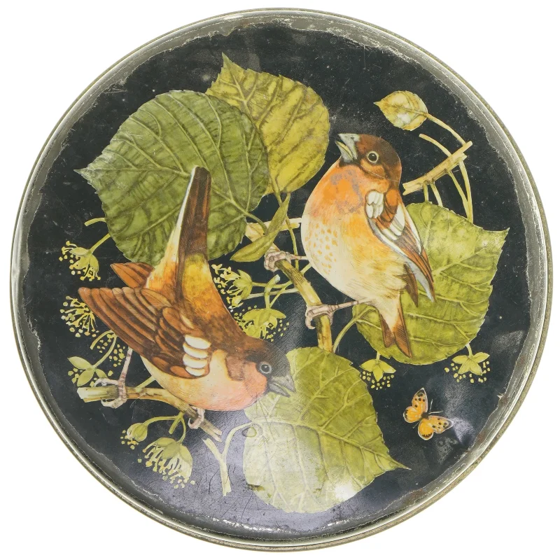 Rund dåse med fuglemotiv (str. Ø 23,5 cm højde 10,5 cm)
