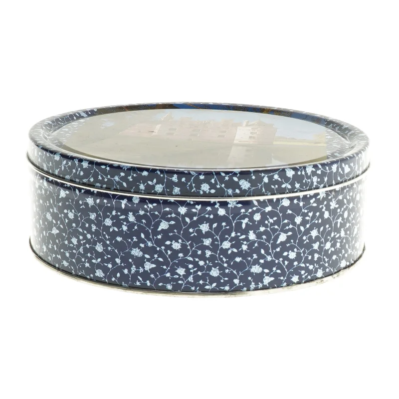 Rund metaldåse med blomstermønster (str. Ø 19,5 cm længde 6,5 cm)