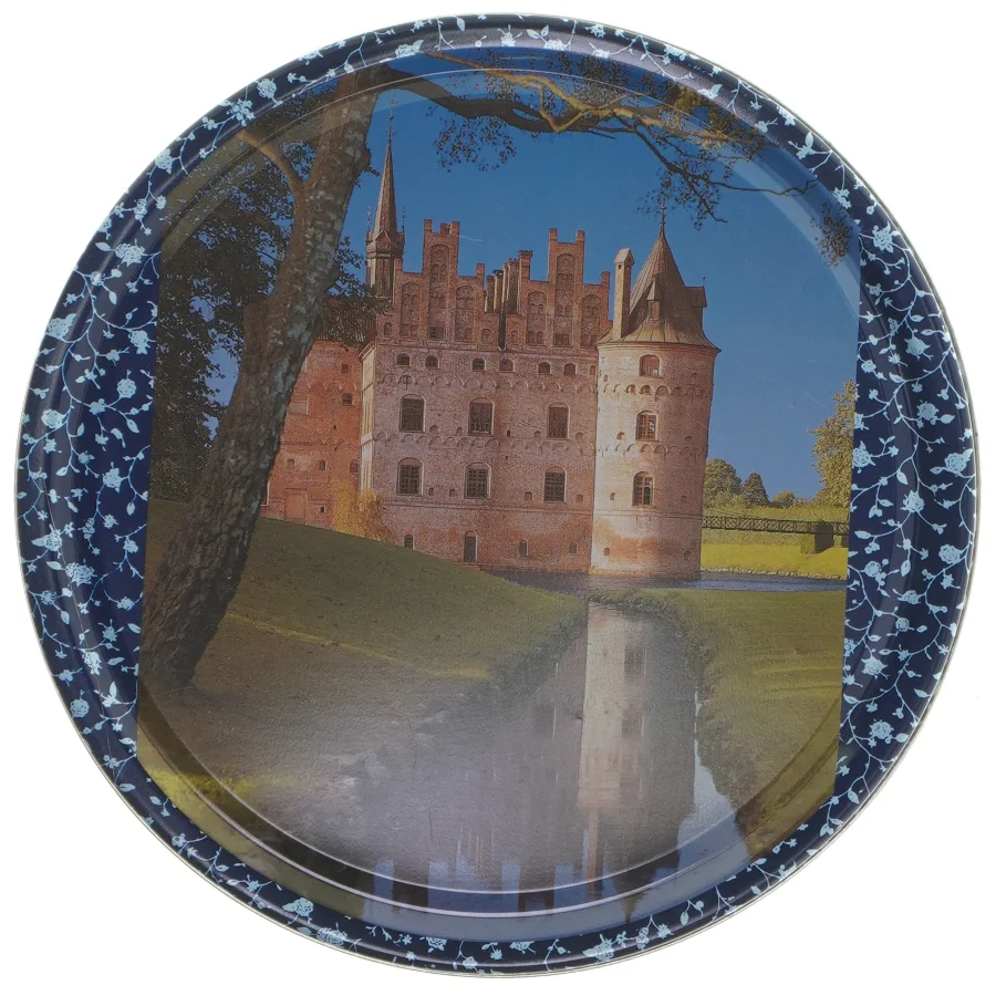 Rund metaldåse med blomstermønster (str. Ø 19,5 cm længde 6,5 cm)