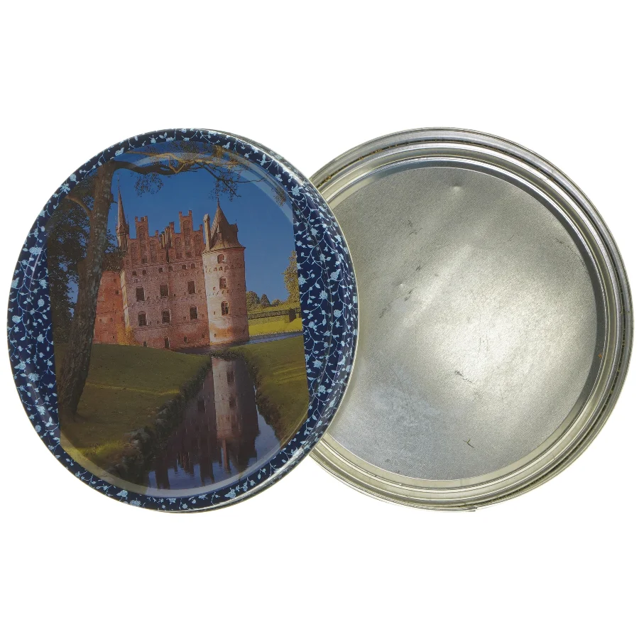 Rund metaldåse med blomstermønster (str. Ø 19,5 cm længde 6,5 cm)