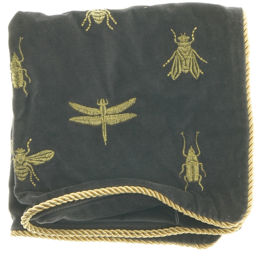 Pude med broderede insekter guldtråd og guldkant (str. 40x41,5 cm)