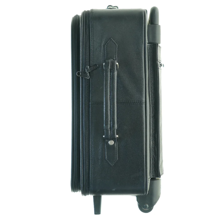 Sort ægte læderkuffert med hjul (str. 48 x 33 x 15 cm)