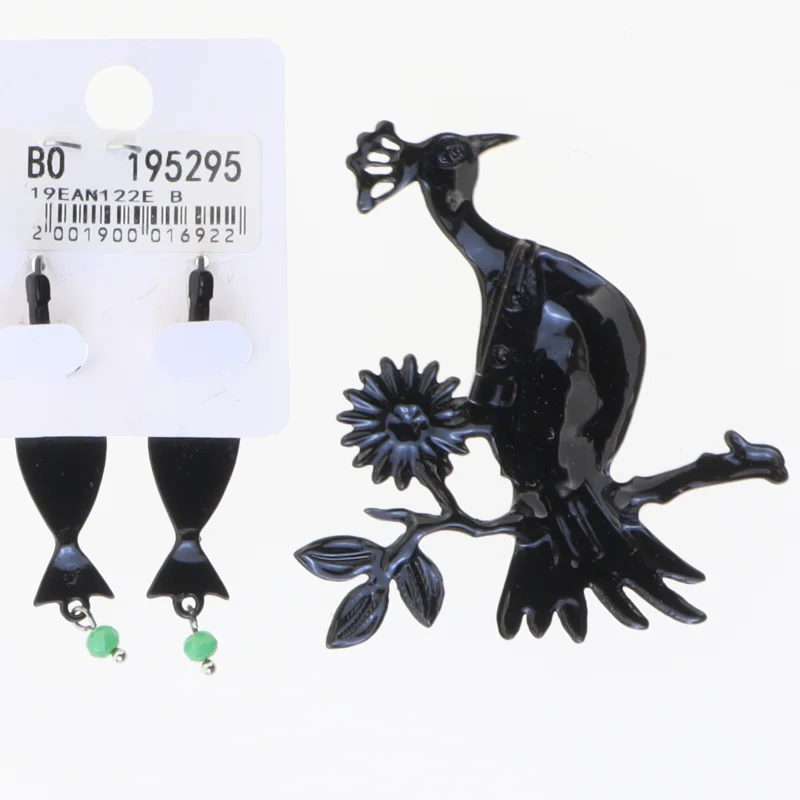 Smykkesæt med påfuglemotiv fra Lol Bijoux (str. 5 & 6x6 cm)