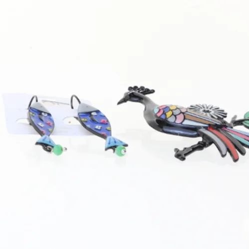 Smykkesæt med påfuglemotiv fra Lol Bijoux (str. 5 & 6x6 cm)