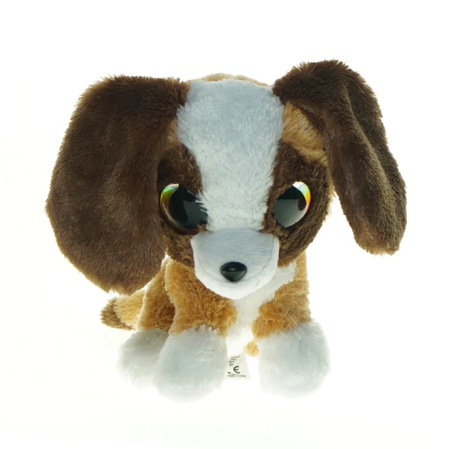 Brunt og hvidt tøjdyr hund (str. 16 x 9 cm)