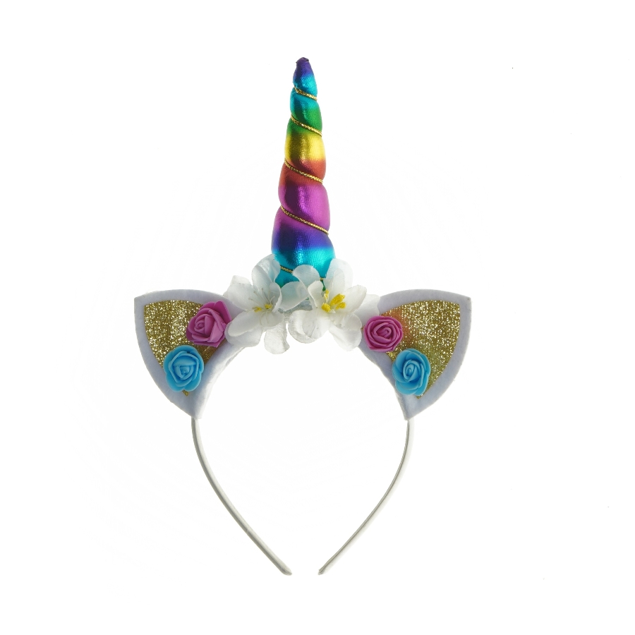 Unicorn hårbøjle med blomster (str. 27 cm)