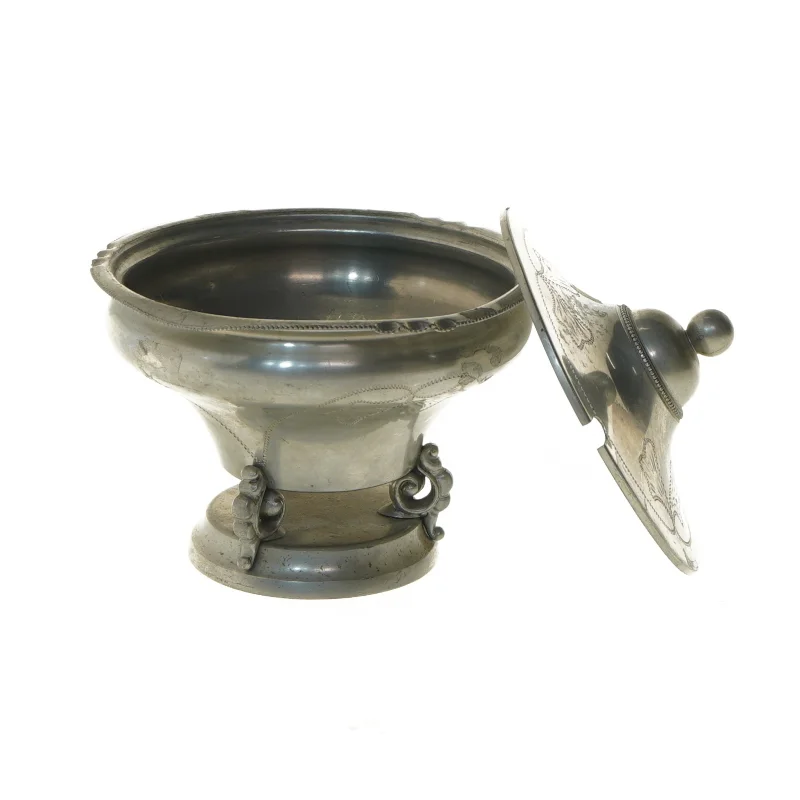 Svensk Tenn skål med låg (str. Ø 14x10 cm)