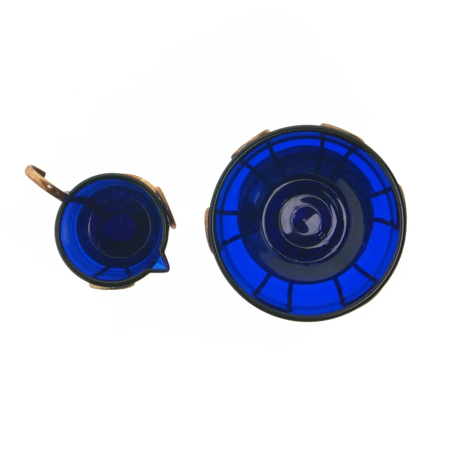 Sukkerskål og  flødekande Blå glas og kobberkramersæt (str. 8 cm. ø. 10 cm. og. ø. 5 cm)