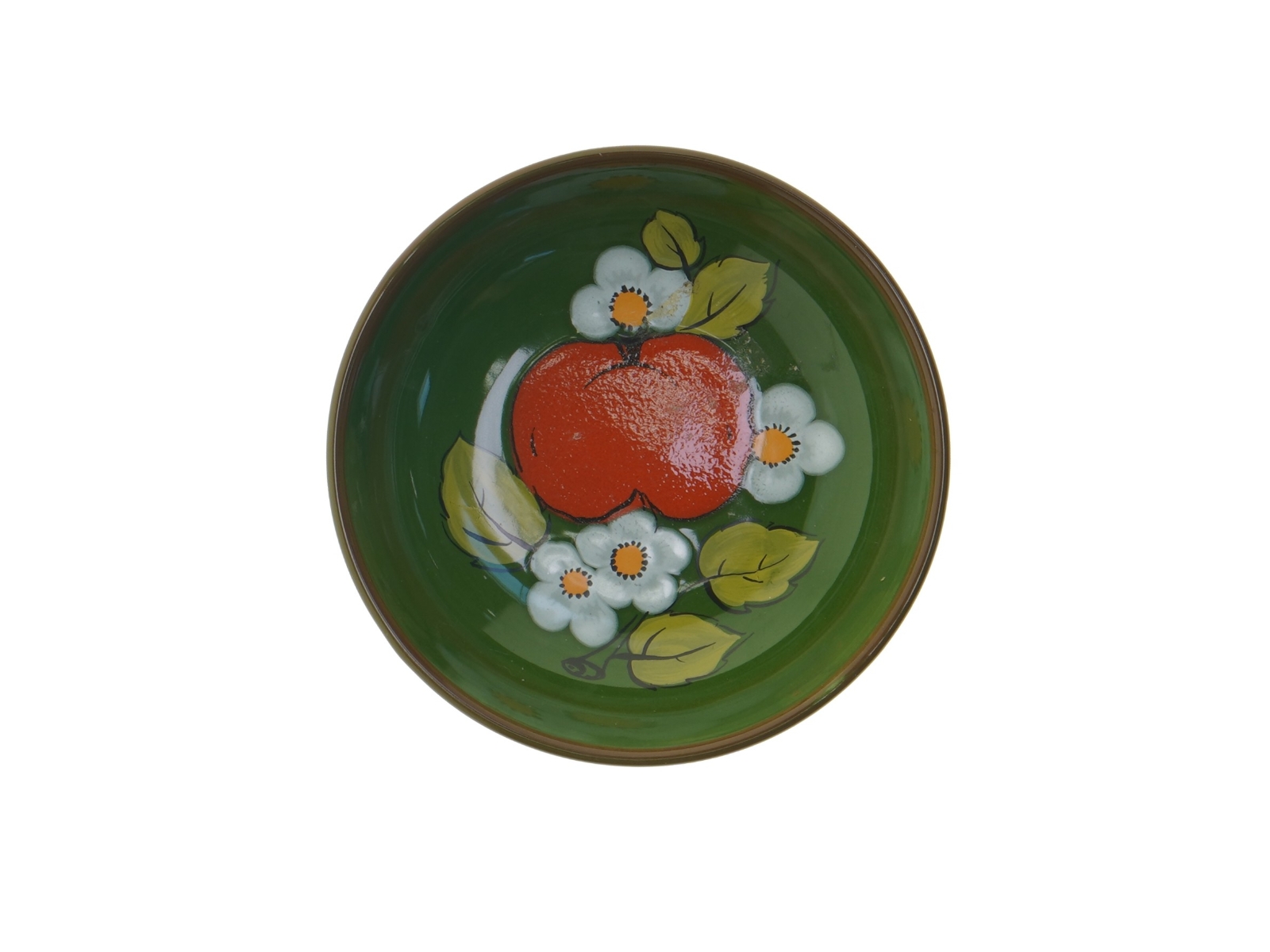 Grøn keramisk skål med frugt- og blomsterdesign (str. Ø 16 cm)