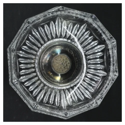 Gl. Glasskål med fod i sølvplet (str. H. 9,5 cm. ø. 13,5 cm)