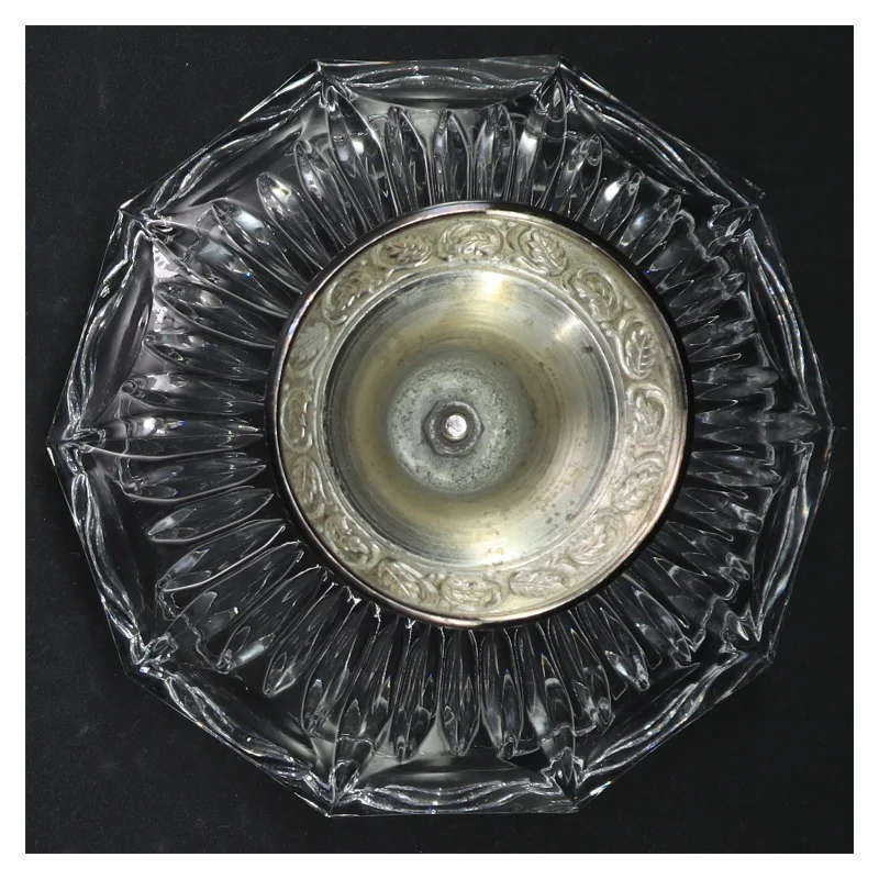 Gl. Glasskål med fod i sølvplet (str. H. 9,5 cm. ø. 13,5 cm)