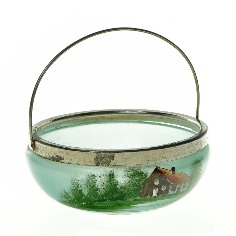 Gl. Jordbærskål i glas med metalhank (str. 19 x 7 c m)