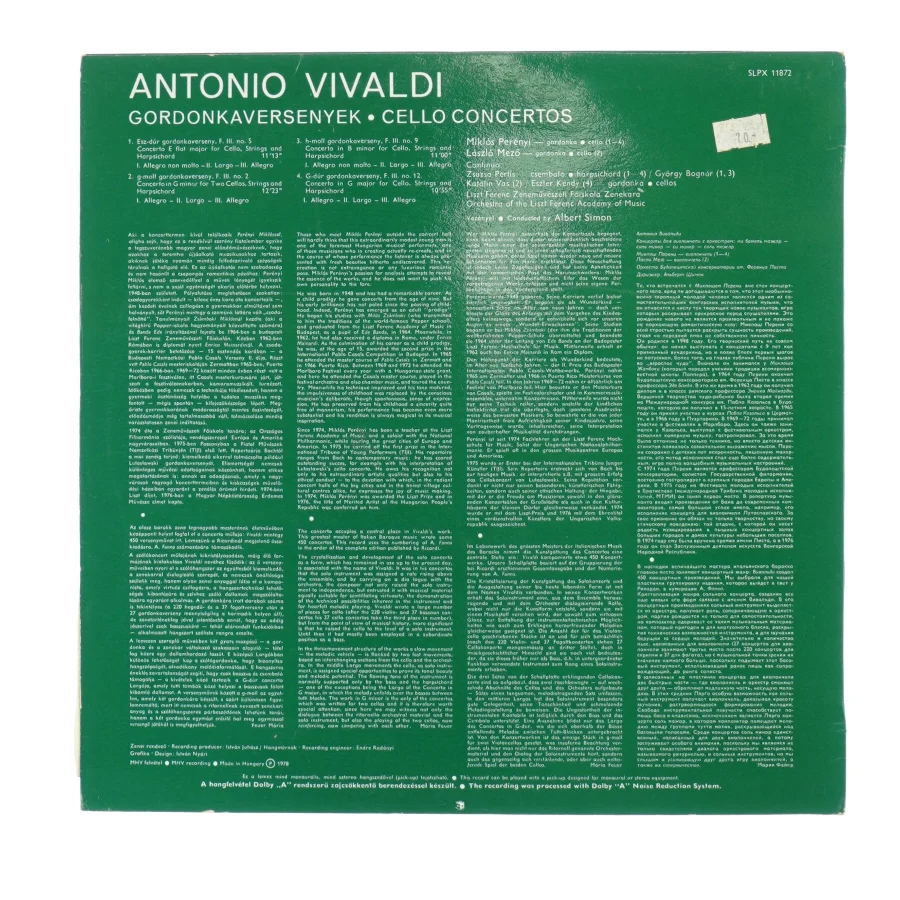 Vivaldi, Cello concerti fra Hungaraton (str. 30 cm)