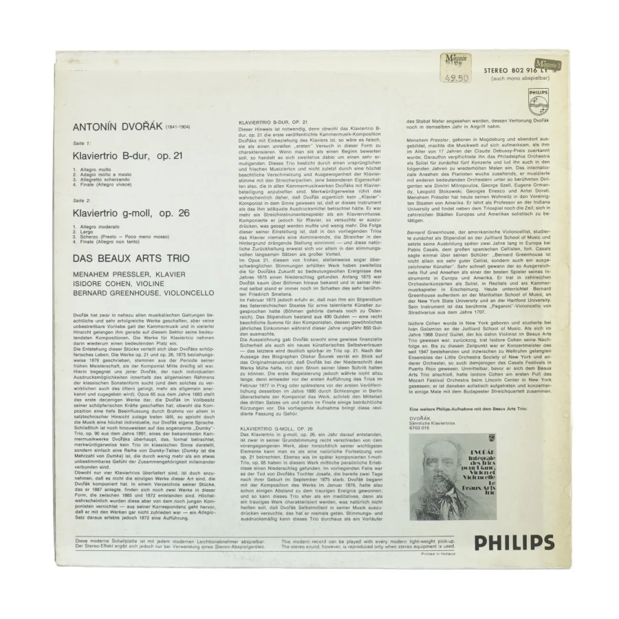 Dvorak, Klavier trios fra Philips (str. 30 cm)