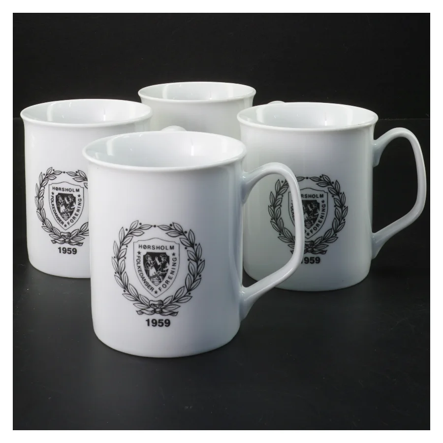 Krus med Hørsholm Folkedanser Forening logo (str. 4 stk Ø 8,5 cm længde 9,5 cm)