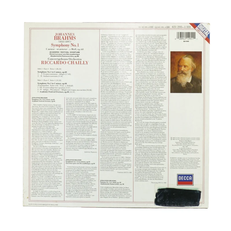 Brahms, Symphony no 1 fra Decca (str. 30 cm)