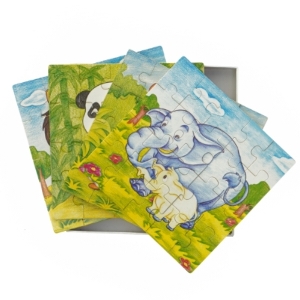 Træpuslespil med dyremotiver (str. 17,5 x 17,5 cm)