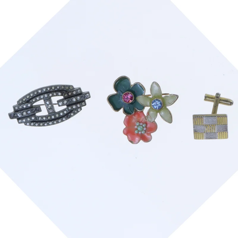 Vintage brocher og manchetknap (str. 2 cm til 4 komma 5 cm)