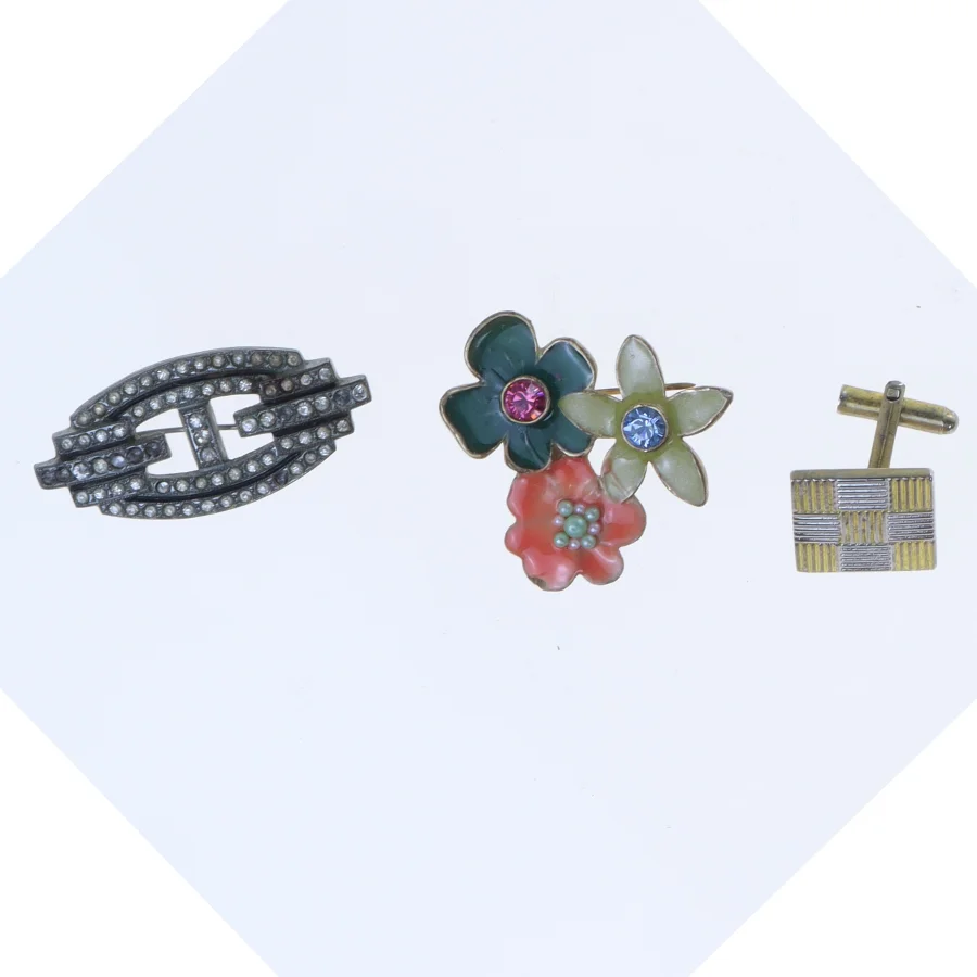 Vintage brocher og manchetknap (str. 2 cm til 4 komma 5 cm)