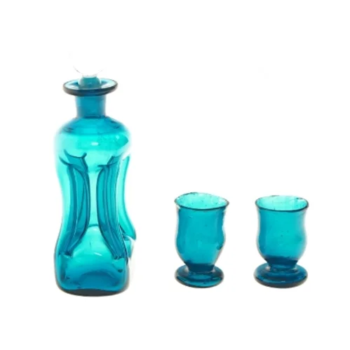 Blåt glas karaffel sæt med to glas (str. 6 cm og 17 cm)