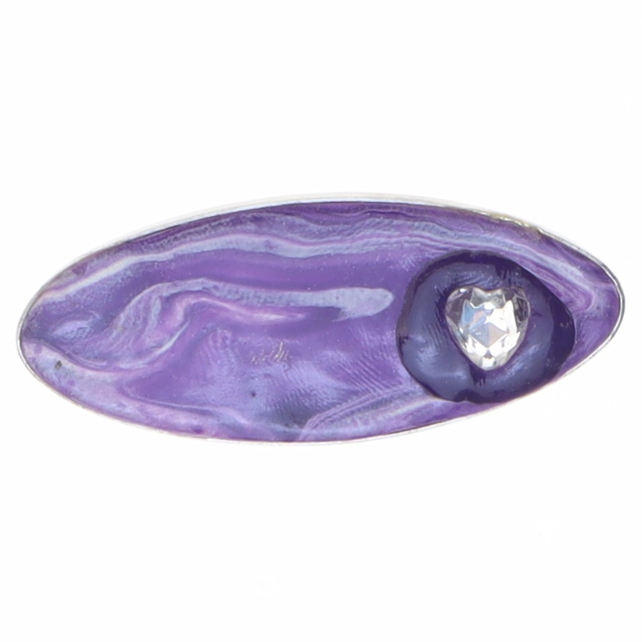 Broche i sølvfarve med lilla emalje og sten (str. 6 x 2,6 cm)