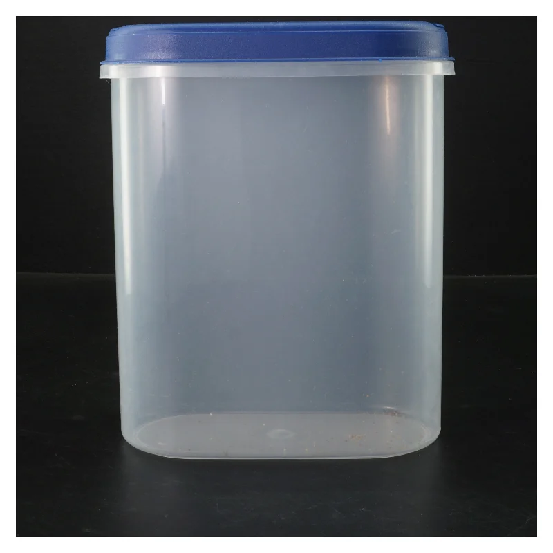 Plastbeholder med blåt låg (str. 19x22x8 cm)