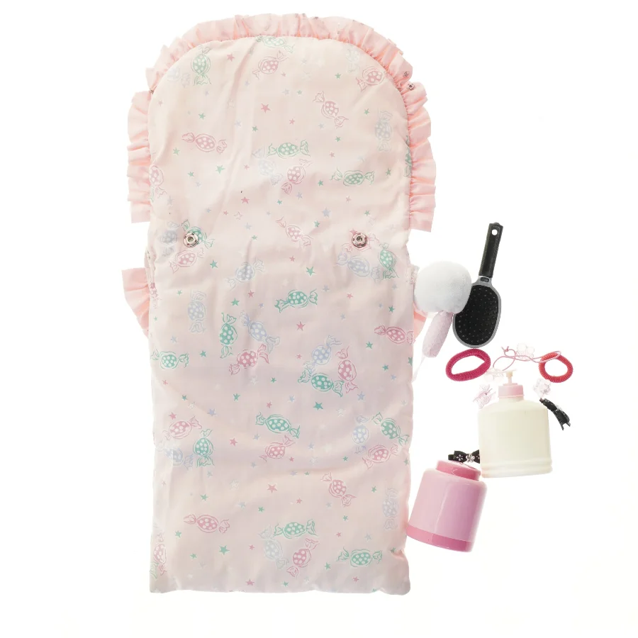 Dukke tilbehør sæt med lyserød sovepose (str. 61x26,5 cm)