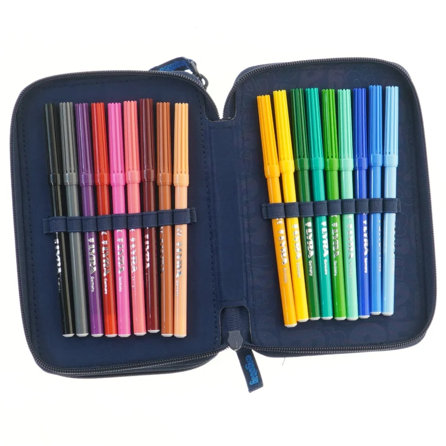Blå penalhus med farveblyanter og tuscher fra Ergobag (str. 20,5x14 cm)