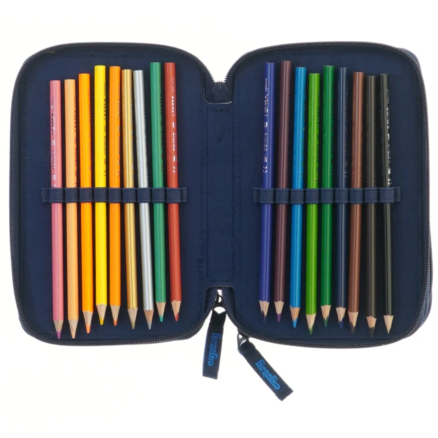 Blå penalhus med farveblyanter og tuscher fra Ergobag (str. 20,5x14 cm)