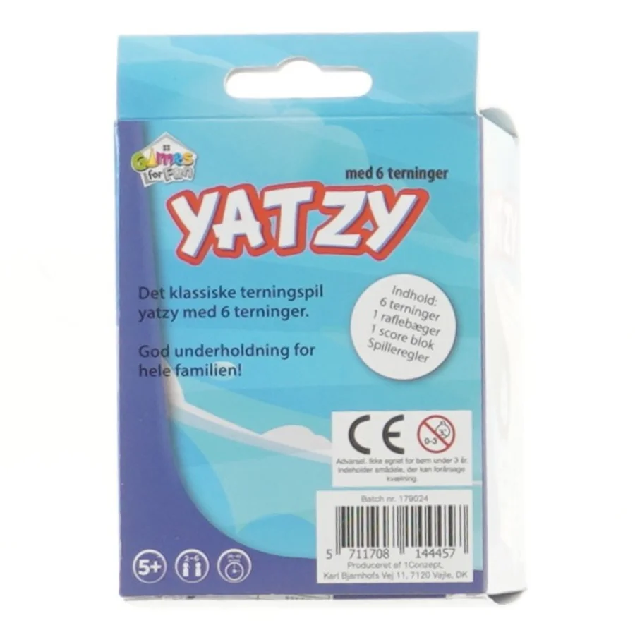 Yatzy spil med terninger fra Jeg ser 'Games for Fun' på emballagen.