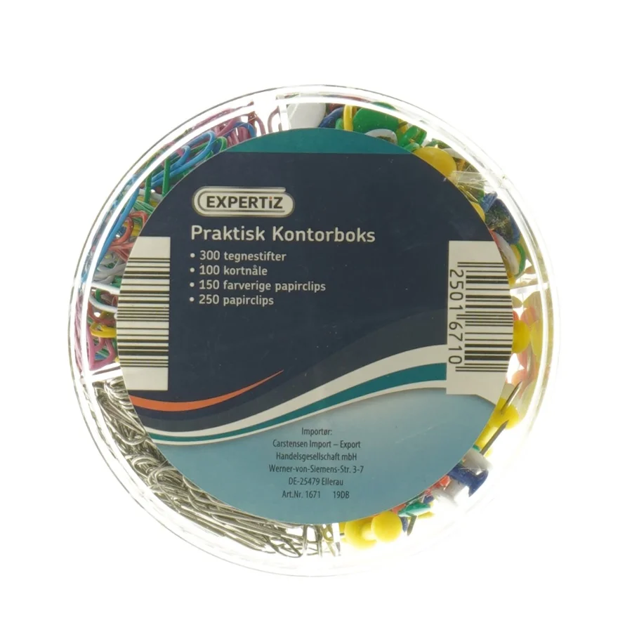 Kontorboks med tegne- og papirartikler fra Expertiz