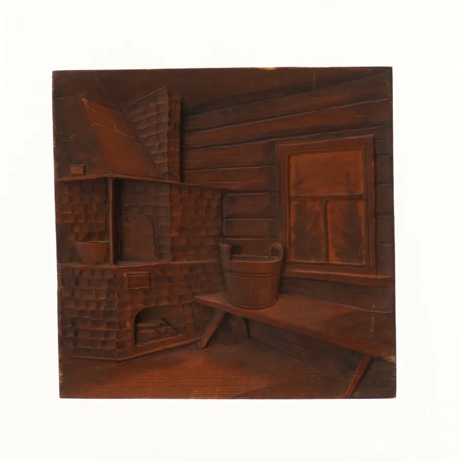 Trærelief af husinteriør (str. 29,5x30 cm)