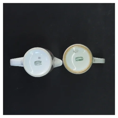 Porcelæns mælkekande og kop fra Schmidt (str. 2 stk Ø 6,5&6 cm længde 9,5x7,5 cm)