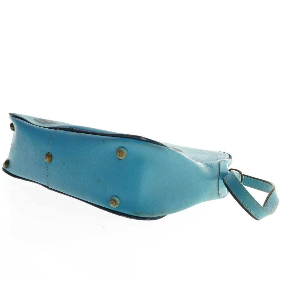 Blå skuldertaske med tekst 'gå glad i bad' (str. 40 x 28 x 10 cm)