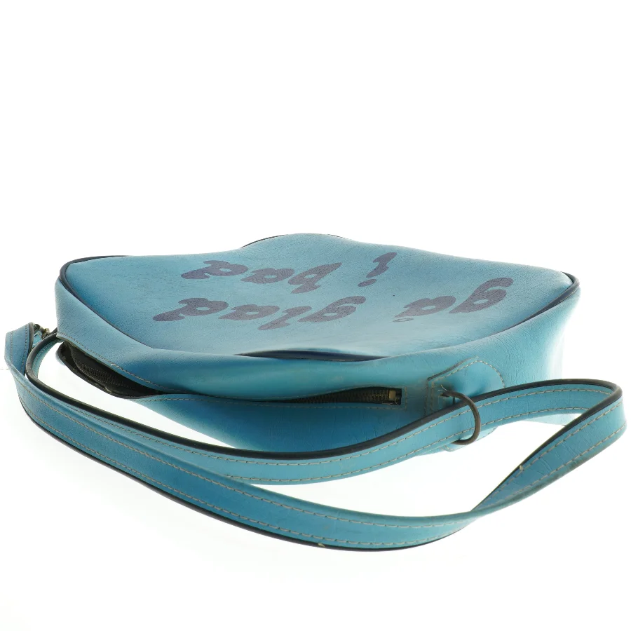 Blå skuldertaske med tekst 'gå glad i bad' (str. 40 x 28 x 10 cm)