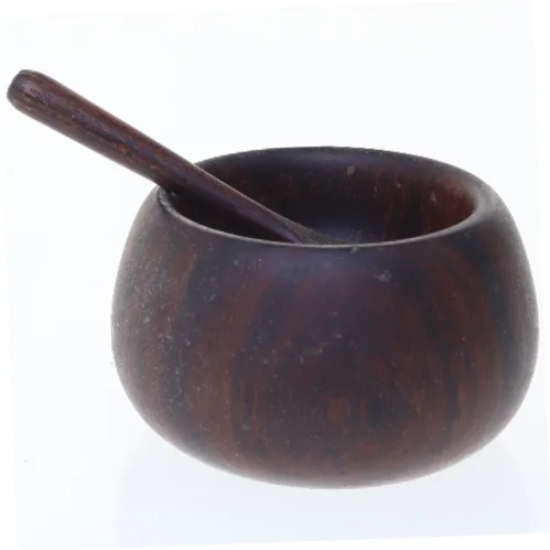 Træskål med ske, til salt (str. 6,5 cm)