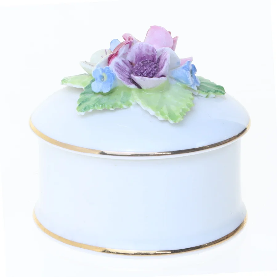 Dekorativ porcelænsæske med blomsterlåg (str. 5 cm)