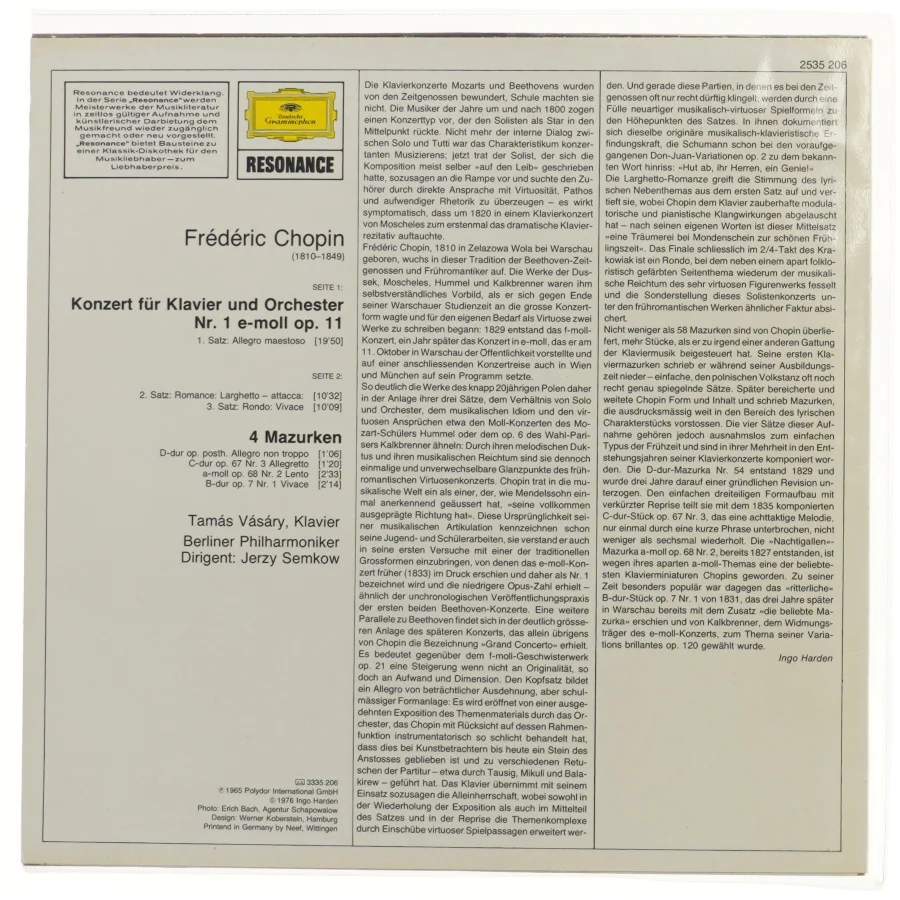 Frederic Chopin Klaverkoncert Nr.1 e-moll LP